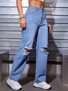 SHEIN Coolane Jeans de pierna recta desgarro - Lavado ligero - Ver 4