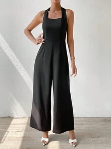 SHEIN Privé 素色露背繞頸連體褲 - 黑色 - 查看 6