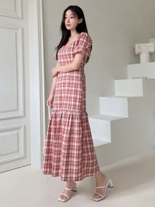 DAZY 格紋印花泡泡袖魚尾裙下擺連衣裙 - 彩色 - 查看 3