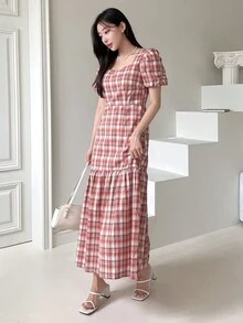 DAZY 格紋印花泡泡袖魚尾裙下擺連衣裙 - 彩色 - 查看 5