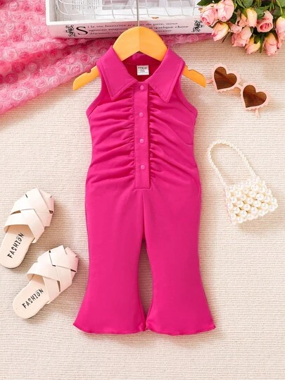 SHEIN Baby Girl Ruched Button Front Flare Leg Jumpsuit