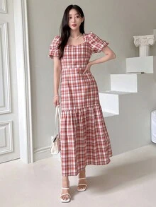 DAZY 格紋印花泡泡袖魚尾裙下擺連衣裙 - 彩色 - 查看 8