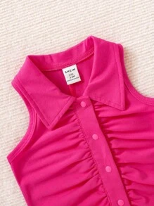 SHEIN Baby Girl Ruched Button Front Flare Leg Jumpsuit - Hot Pink - View 4