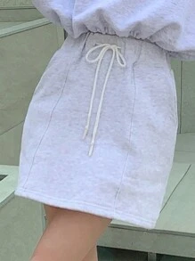 DAZY 腰部抽繩斜口袋半身裙 - 淺灰色 - 查看 8