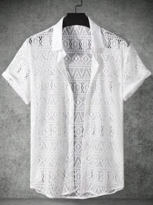 Manfinity RSRT Camisa de botones huecos para hombre con manga corta, blanca y lisa, ideal para vacaciones y de estilo bohemio - Blanco - Ver 2