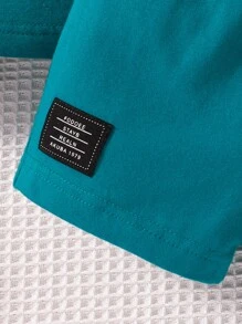 Conjunto de camiseta y pantalón corto para bebé niño, casual de verano con estampado de letras y bloques de color - Agua verde azul - Ver 6