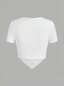 SHEIN ICON 字母刺繡手帕下擺短款T恤 - 白色 - 查看 2