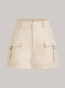 SHEIN ICON 側翻蓋口袋工裝短褲 - 米色 - 查看 1