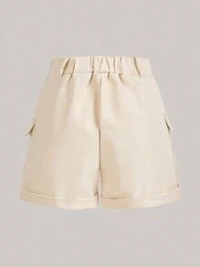 SHEIN ICON 側翻蓋口袋工裝短褲 - 米色 - 查看 2