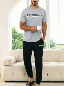 男士字母圖案睡衣套裝 - 彩色 - 查看 2