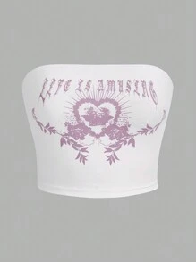 SHEIN ICON 字母&植物圖案抹胸上衣 - 白色 - 查看 1