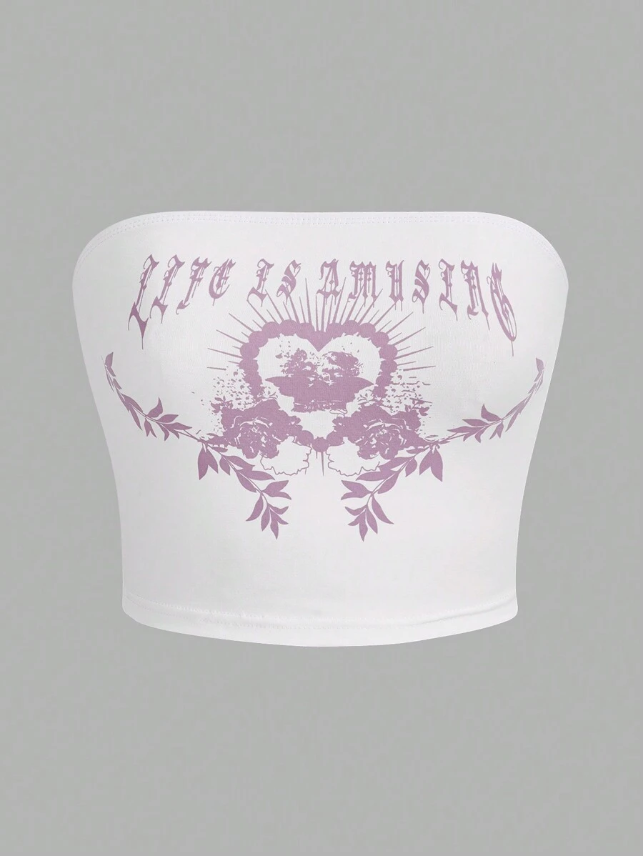 SHEIN ICON 字母&植物圖案抹胸上衣 - 白色 - 查看 1