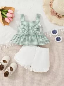 SHEIN Vintaside Kids Baby Girl Gingham Print Bow Front Peplum Cami Top & Ruffle Hem Shorts - Green - View 2