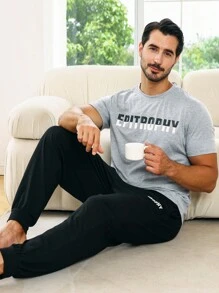 男士字母圖案睡衣套裝 - 彩色 - 查看 1