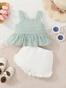 SHEIN Vintaside Kids Baby Girl Gingham Print Bow Front Peplum Cami Top & Ruffle Hem Shorts - Green - View 4