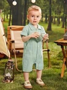 男嬰素色前紐扣斜口袋襯衫連體短褲 - 薄荷綠 - 查看 1