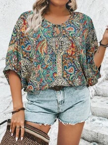 EMERY ROSE 大碼佩斯利印花繫帶領蝙蝠袖襯衫 - 彩色 - 查看 1