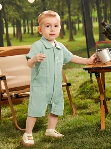 男嬰素色前紐扣斜口袋襯衫連體短褲 - 薄荷綠 - 查看 3