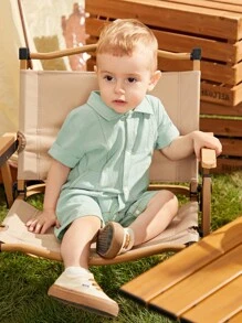 男嬰素色前紐扣斜口袋襯衫連體短褲 - 薄荷綠 - 查看 4