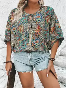 EMERY ROSE 大碼佩斯利印花繫帶領蝙蝠袖襯衫 - 彩色 - 查看 4