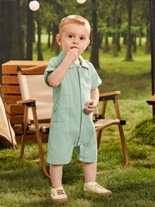 男嬰素色前紐扣斜口袋襯衫連體短褲 - 薄荷綠 - 查看 5
