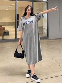 DAZY Đồ họa Chữ cái Váy thun trễ vai - Xám - Xem 4