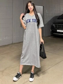 DAZY Đồ họa Chữ cái Váy thun trễ vai - Xám - Xem 5