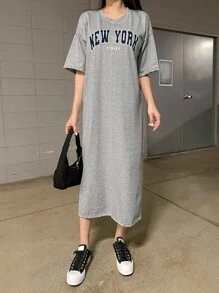 DAZY Đồ họa Chữ cái Váy thun trễ vai - Xám - Xem 6