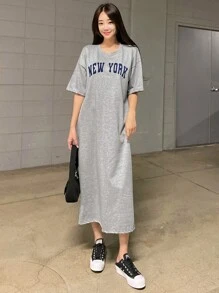 DAZY Đồ họa Chữ cái Váy thun trễ vai - Xám - Xem 7