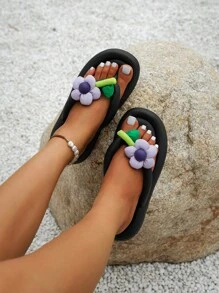 Women Flower Decor Flip Flops, Fashionable Black EVA Slippers - Black - View 2