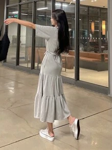 DAZY Solid Ruffle Hem Dress - Grey - View 2