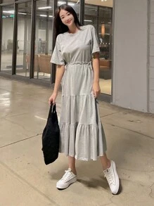 DAZY Solid Ruffle Hem Dress - Grey - View 5