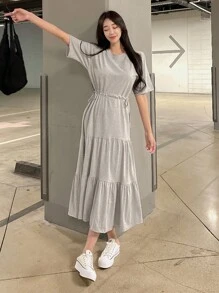 DAZY Solid Ruffle Hem Dress - Grey - View 7