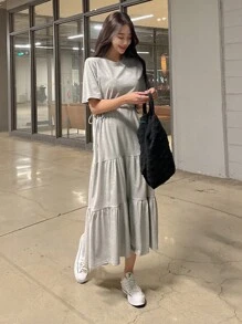 DAZY Solid Ruffle Hem Dress - Grey - View 8