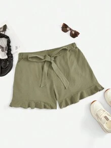 SHEIN VCAY Omgiven Krås Hem Enkel Enkel Plus Storlek Shorts - Armé Grön - Visa 1