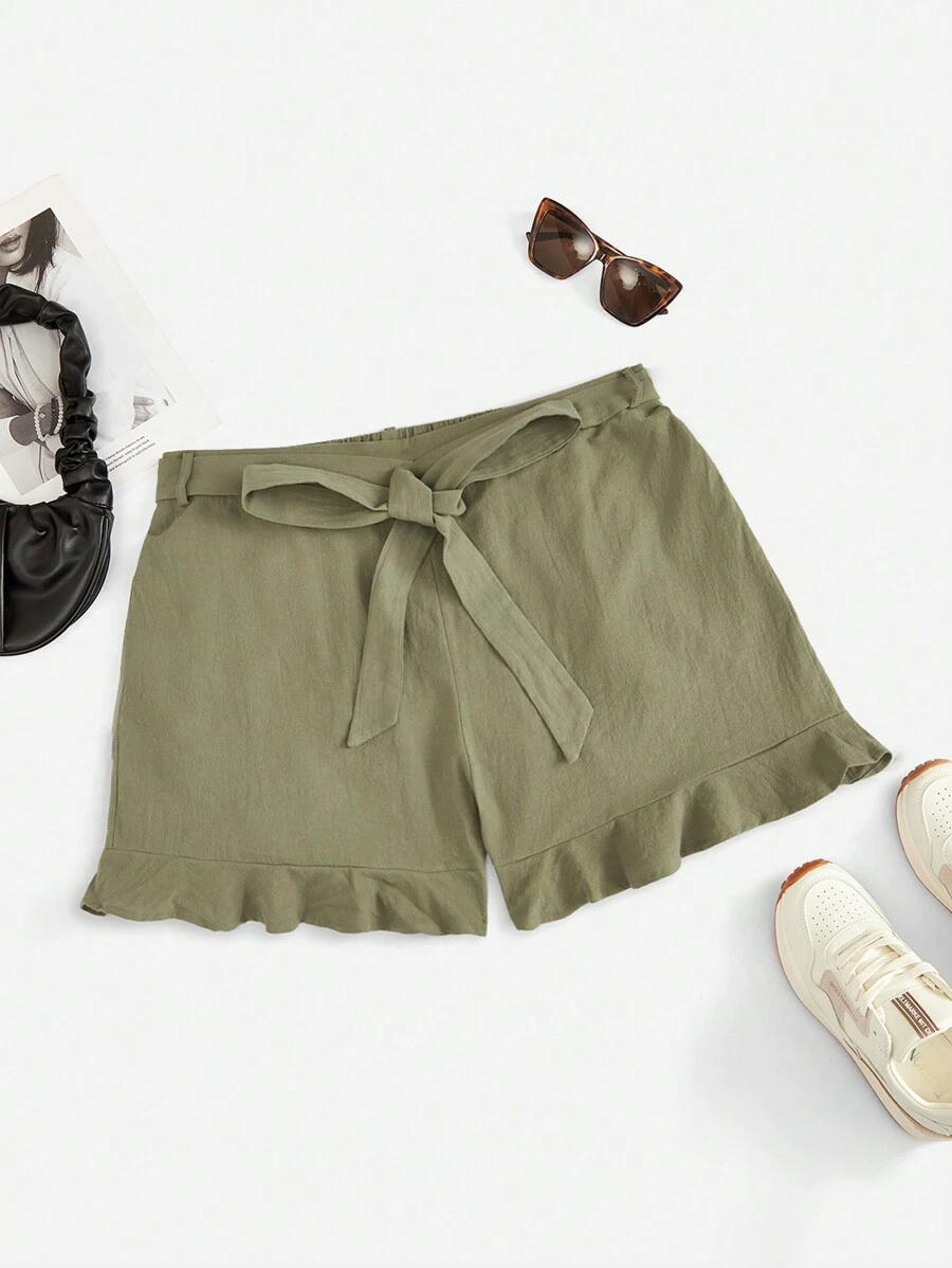 SHEIN VCAY Omgiven Krås Hem Enkel Enkel Plus Storlek Shorts - Armé Grön - Visa 1