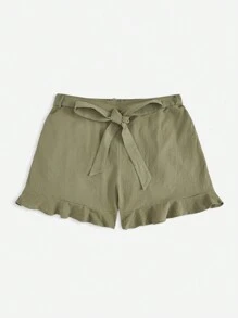 SHEIN VCAY Omgiven Krås Hem Enkel Enkel Plus Storlek Shorts - Armé Grön - Visa 3