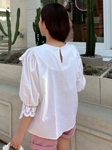 DAZY Ren tương phản Viền Ruffle Áo sơ mi - trắng - Xem 2