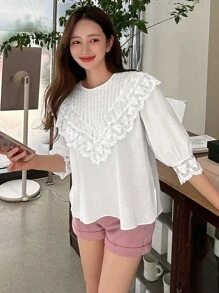 DAZY Ren tương phản Viền Ruffle Áo sơ mi - trắng - Xem 4