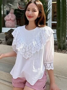 DAZY Ren tương phản Viền Ruffle Áo sơ mi - trắng - Xem 5