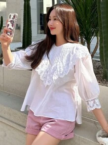 DAZY Ren tương phản Viền Ruffle Áo sơ mi - trắng - Xem 6