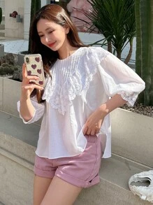 DAZY Ren tương phản Viền Ruffle Áo sơ mi - trắng - Xem 7