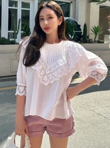 DAZY Ren tương phản Viền Ruffle Áo sơ mi - trắng - Xem 8