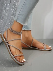 Women Rhinestone Decor Multi-Way Wear Sandals, Glamorous Silver Faux Suede Flat Sandals Valentines - Silver - View 4