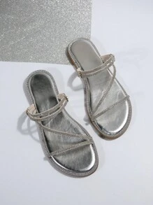 Women Rhinestone Decor Multi-Way Wear Sandals, Glamorous Silver Faux Suede Flat Sandals Valentines - Silver - View 5