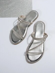 Women Rhinestone Decor Multi-Way Wear Sandals, Glamorous Silver Faux Suede Flat Sandals Valentines - Silver - View 6