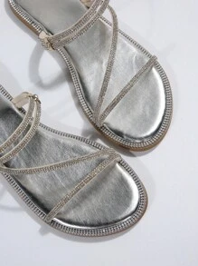 Women Rhinestone Decor Multi-Way Wear Sandals, Glamorous Silver Faux Suede Flat Sandals Valentines - Silver - View 7