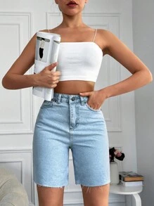 EURMUSE High Waist Raw Hem Denim Shorts - Blue - View 1