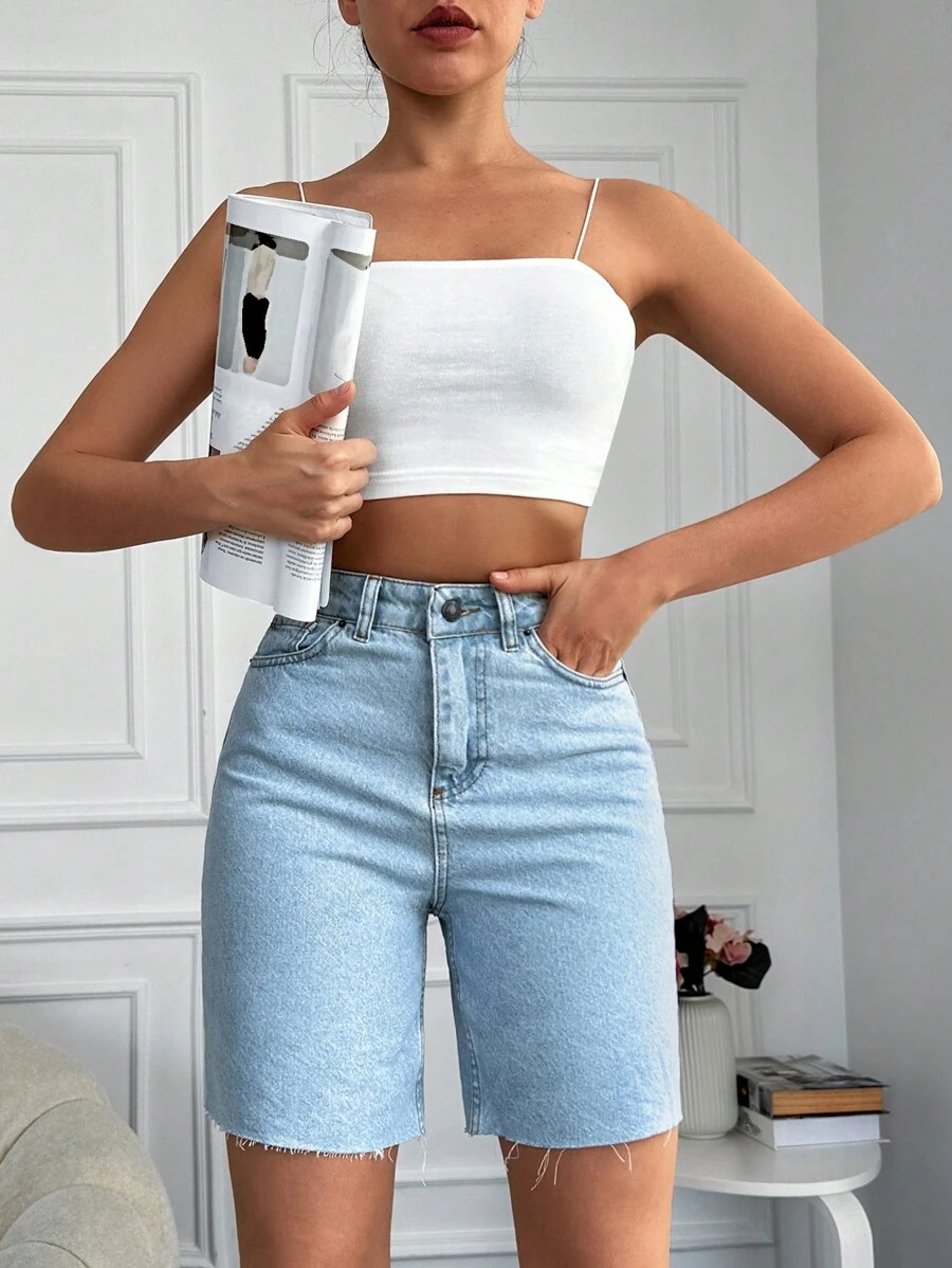 EURMUSE High Waist Raw Hem Denim Shorts - Blue - View 1