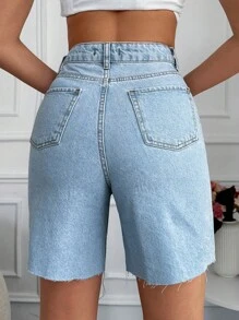 EURMUSE High Waist Raw Hem Denim Shorts - Blue - View 2